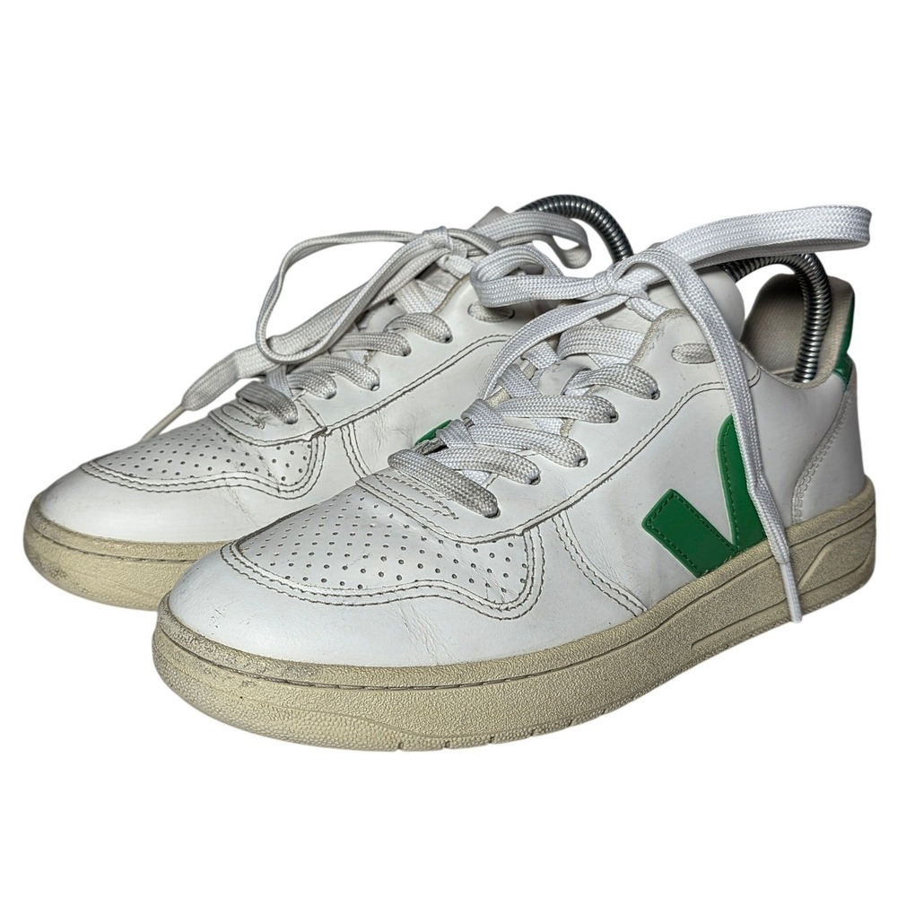 Veja V-10 White Green Leather Low Top Sneakers Womens Sustainable Shoes